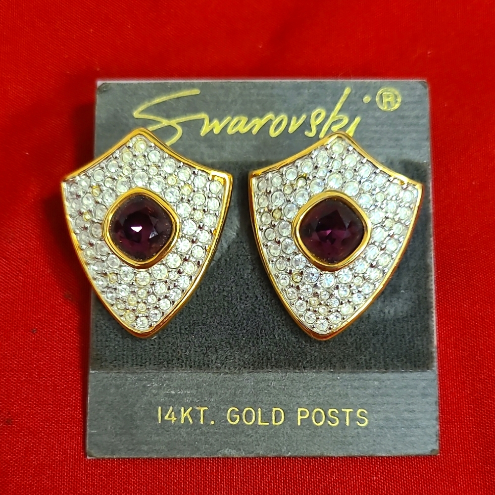 Swarovski Amethyst Pupel 14kt Gold Shield Stud Earrings